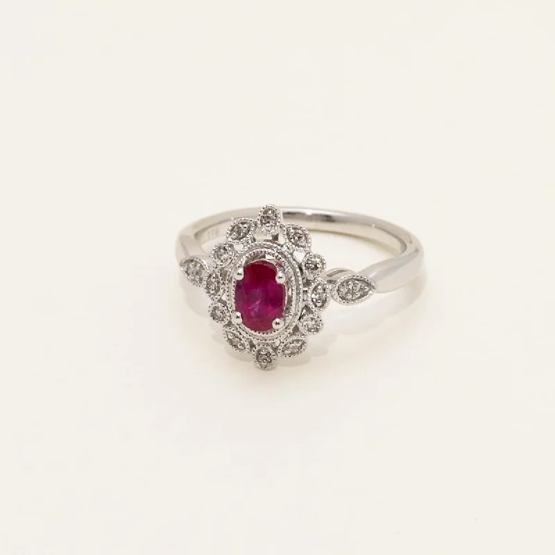 Women’s engagement rings with radiant-cut rubies -Oval Ruby Ring in 10kt White Gold with Diamonds (1/7ct tw)