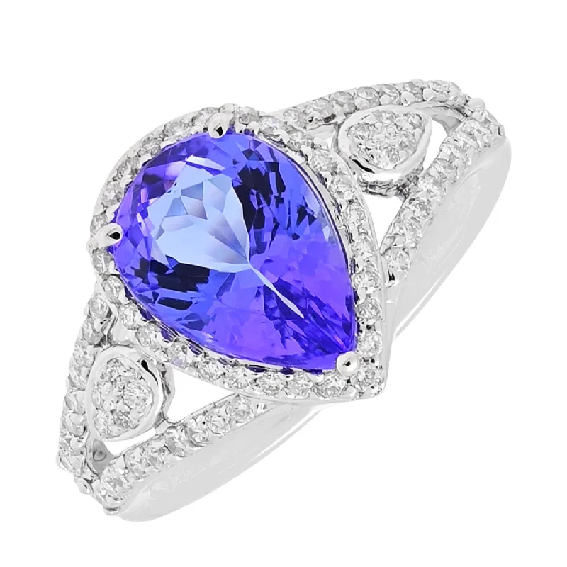 Women’s rings with peacock ore for iridescence -Pear Shape Tanzanite Ring in 14kt White Gold with Diamonds (3/8ct tw)