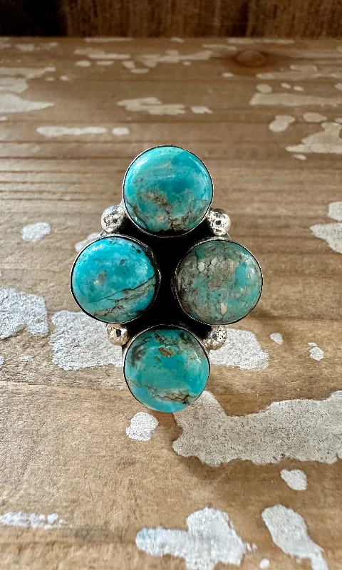 Women’s rings with jade stones for serenity -QUADRUPLET TURQUOISE CLUSTER Silver Ring • Size 8 1/4