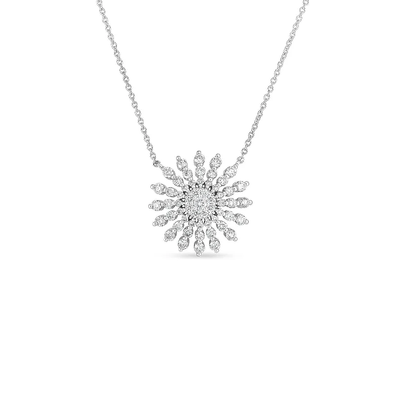 Trendy necklaces and pendants with geometric shapes for a modern aesthetic-Roberto Coin Tiny Treasures 18K White Gold Diamond Sunburst Necklace