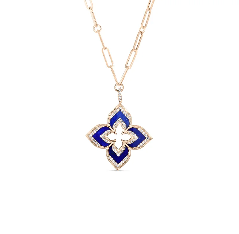 Simple necklaces and pendants with bar pendants for a sleek modern design-Roberto Coin Venetian Princess Rose Gold Lapis and Diamond Necklace