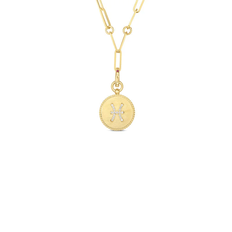 Stunning necklaces and pendants with jade gemstones for a calming green hue-Roberto Coin Zodiac Medallion 18K Yellow Gold Diamond Medallion Necklace in Pisces (2/20 - 3/20)