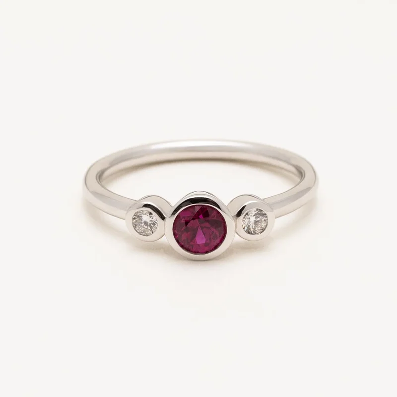 Women’s rings with engraved floral band patterns -Ruby Bezel Ring in 18kt White Gold with Diamonds (1/10ct tw)