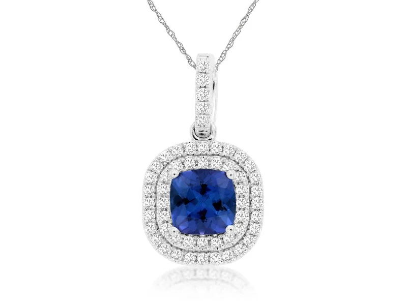 Beautiful necklaces and pendants with geometric shapes for a modern, artistic design-Sabel Collection 14K White Gold Cushion Tanzanite and Diamond Double Halo Pendant