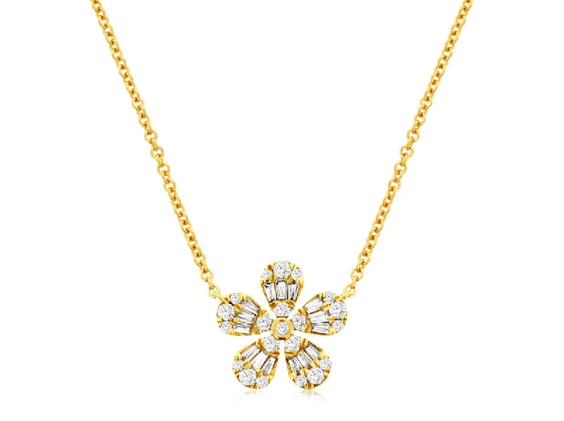 Best necklaces and pendants with layered designs for a chic, stacked look-Sabel Collection 14K Yellow Gold Round and Baguette Diamond Floral Design Pendant