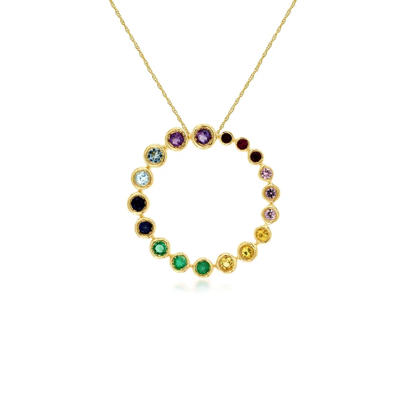 Best necklaces and pendants for weddings with matching designs for bride and groom-Sabel Collection 14K Yellow Gold Round Rainbow Sapphire, Ruby, and Emerald Bezel Set Circle Necklace