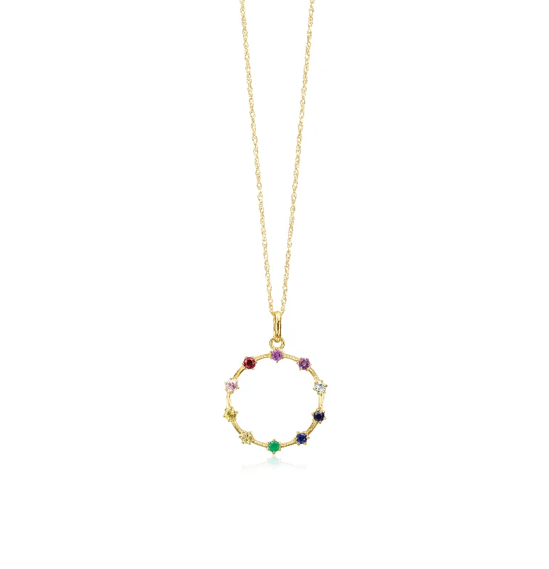 Personalized necklaces and pendants with name engravings for a custom touch-Sabel Collection 14K Yellow Gold Round Rainbow Sapphire, Ruby, and Emerald Circle Necklace