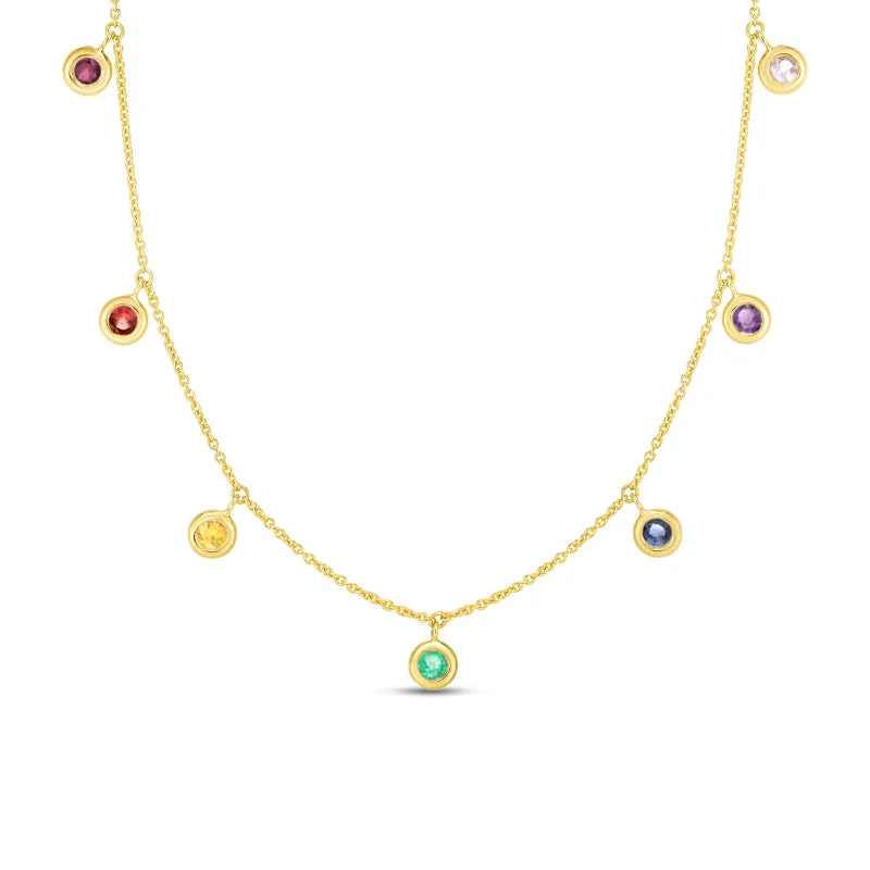 Best necklaces and pendants with sterling silver for an affordable yet stylish choice-Sabel Collection 14K Yellow Gold Round Rainbow Sapphire, Ruby, and Emerald Dangle Necklace