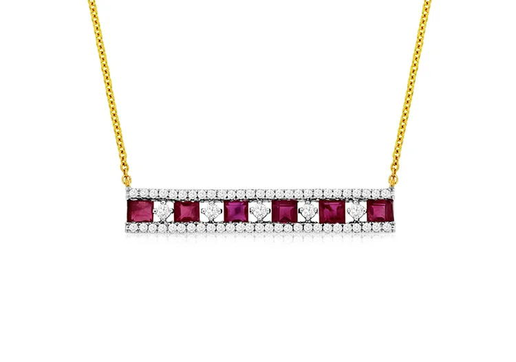 Best necklaces and pendants with intricate beadwork for a bohemian-inspired look-Sabel Collection 14K Yellow Gold Square Ruby and Diamond Bar Pendant