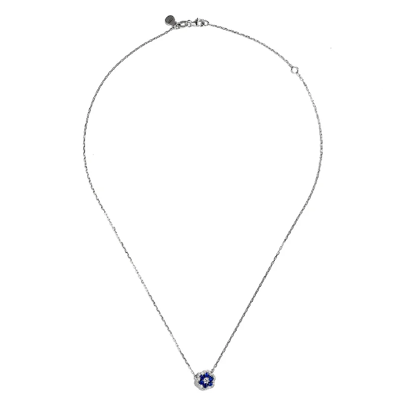 Best necklaces and pendants with cubic zirconia for a budget-friendly dazzling effect-Sabel Collection 18K White Gold Round Sapphire and Round Diamond Flower Shape Pendant