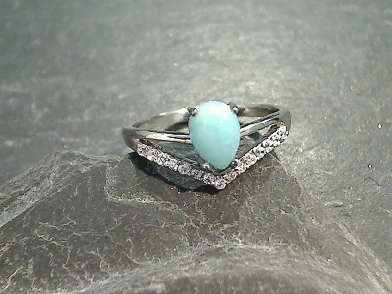 Women’s rings with mosaic opal for art -Size 7 Larimar, CZ, Rhodium Plated Sterling Ring