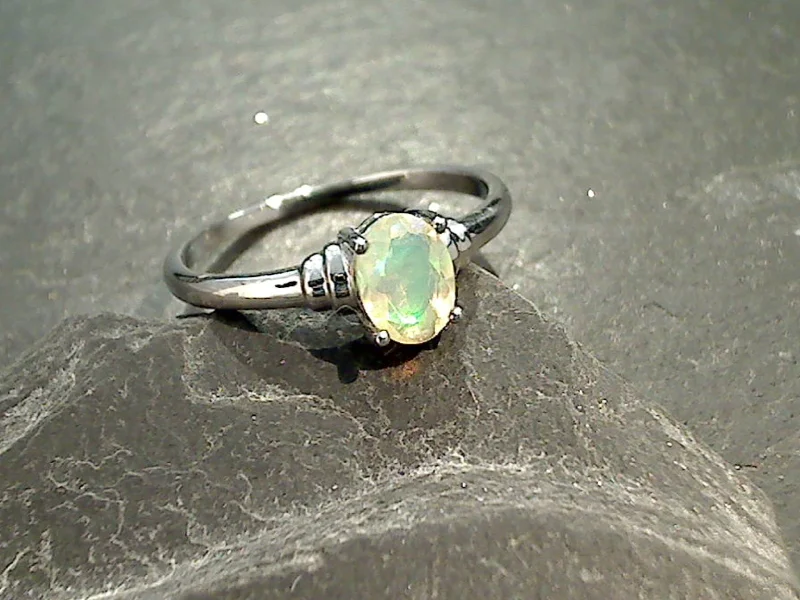 Women’s rings with channel-set peridot gems -Size 9 Ethiopian Opal, Rhodium Plated Sterling Silver Ring