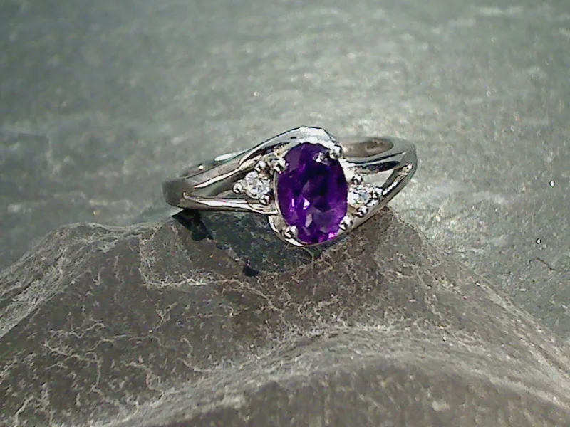 Women’s bridal rings with diamond halo settings -Size 7.25 Amethyst, CZ, Rhodium Plated Sterling Silver Ring