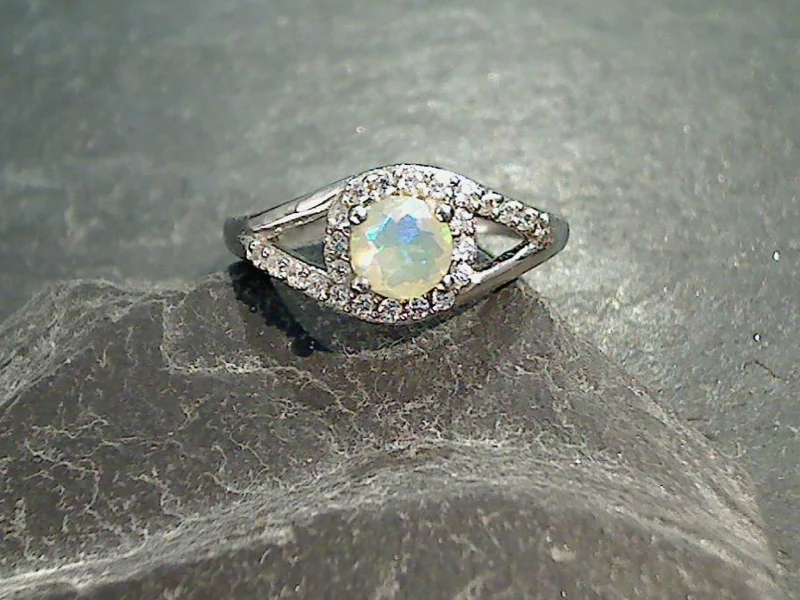 Women’s rings with labradorite for mystic flash -Size 7 Ethiopian Opal, CZ, Rhodium Plated Sterling Silver Ring