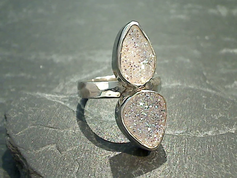 Women’s statement rings with large coral gems -Size 6.5 Druzy Quartz, Sterling Silver Ring