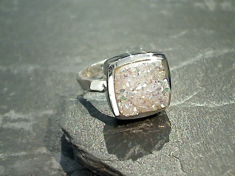 Women’s artisan rings with raw garnet texture -Size 8 Druzy Quartz, Sterling Silver Ring