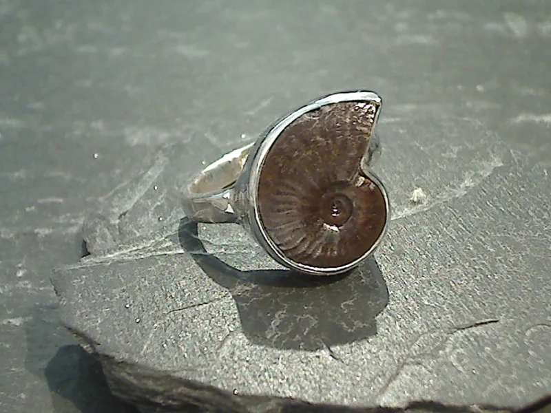 Women’s rings with faceted garnet for richness -Size 10 Fossil Ammonite, Sterling Silver Ring