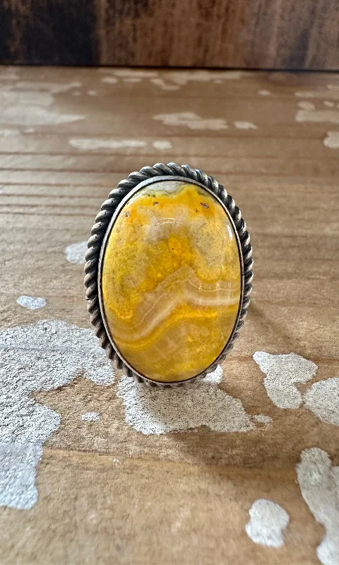 Women’s rings with stretch bands for ease -SCOTT SKEETS Navajo Bumblebee Jasper and Sterling Silver Ring • Size 7