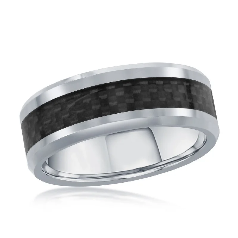 Women’s rings with black onyx for edge -Silver Tungsten Ring W/ Black Carbon Fiber