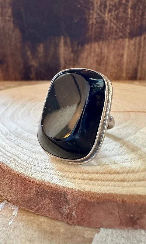 Women’s signet rings with bold family crests -SQUARE BLACK ONYX Chunky Silver Ring