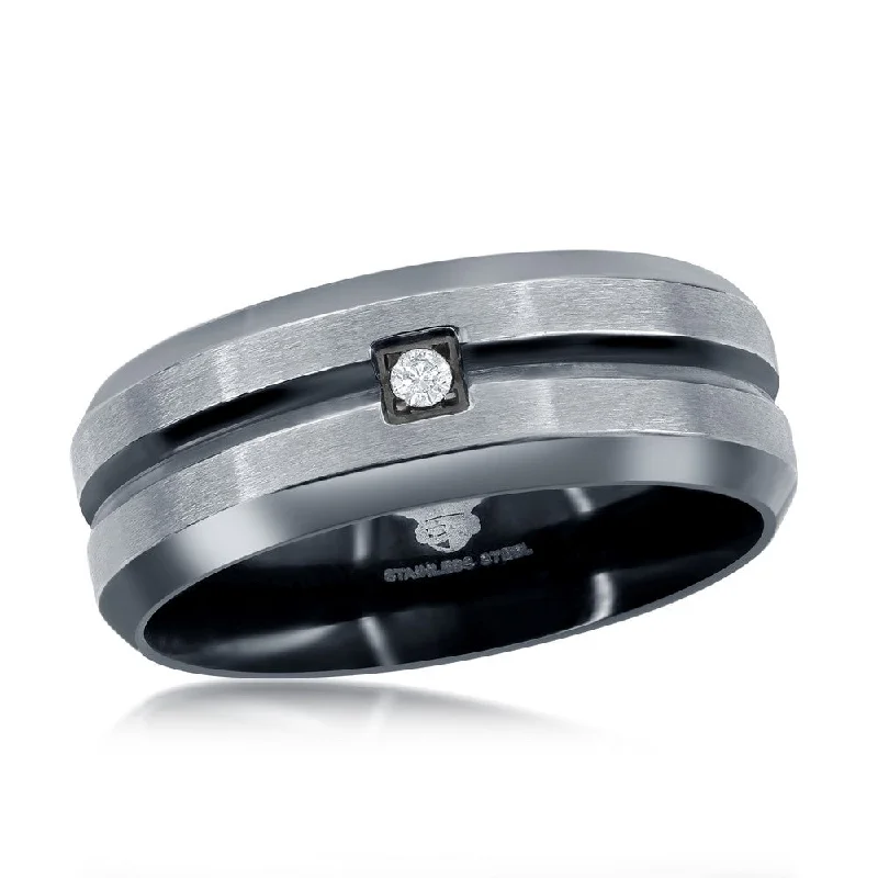 Women’s bold rings with hammered silver bands -Stainless Steel Black and Silver CZ Ring