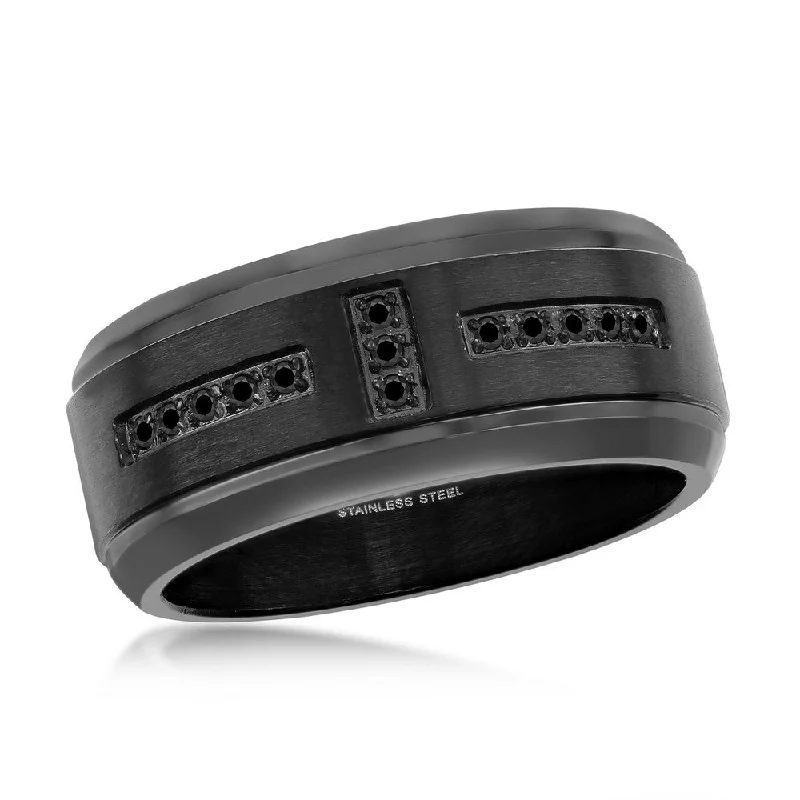 Women’s rings with matte silver for understated -Stainless Steel Black CZ Band Ring