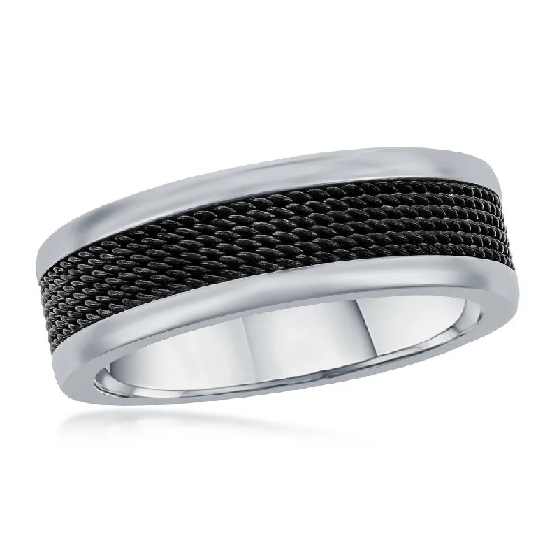 Women’s artisan rings with raw garnet texture -Stainless Steel Black Mesh Inlay Polished Band Ring