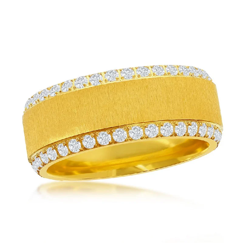 Women’s engagement rings with radiant-cut rubies -Stainless Steel Double Row CZ Eternity Satin Band Ring - Gold Plated