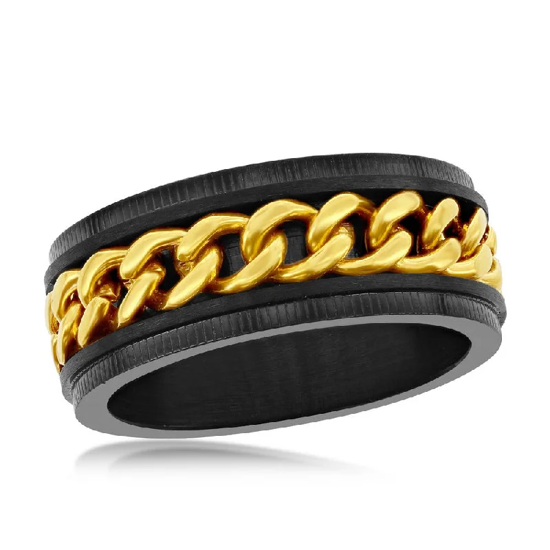 Women’s rings with matte silver for understated -Stainless Steel Gold Curb Link Ring - Black Plated