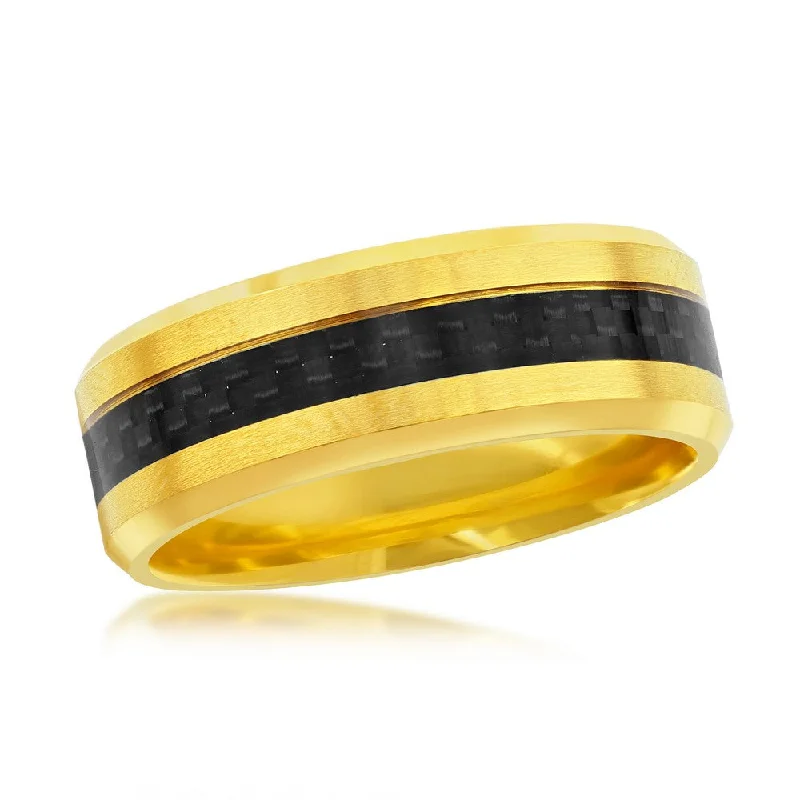 Women’s rings with smoky quartz for depth -Stainless Steel Gold w/ Black Carbon Fiber Ring