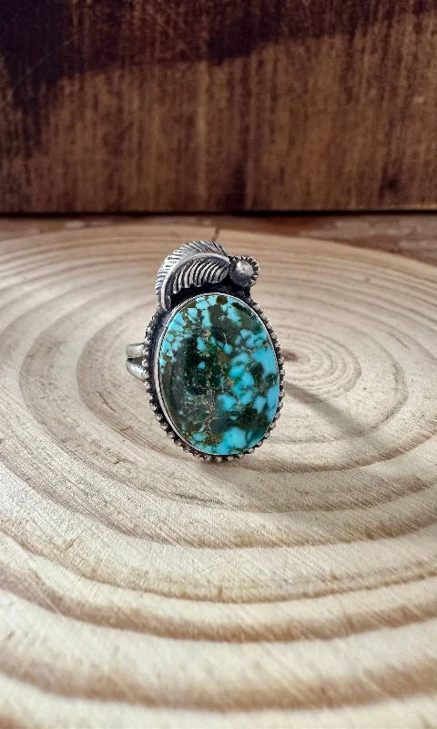 Women’s rings with bold agate for earth -TURQUOISE FEATHER DROPLET S. Cooke Sterling Silver & Turquoise Ring • Size 7 1/2